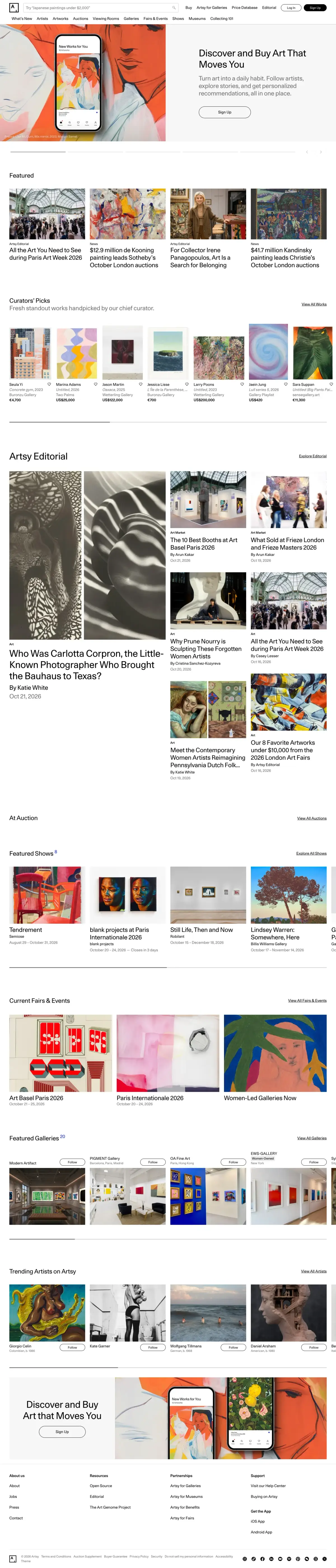 Full-page screenshot of the Artsy website