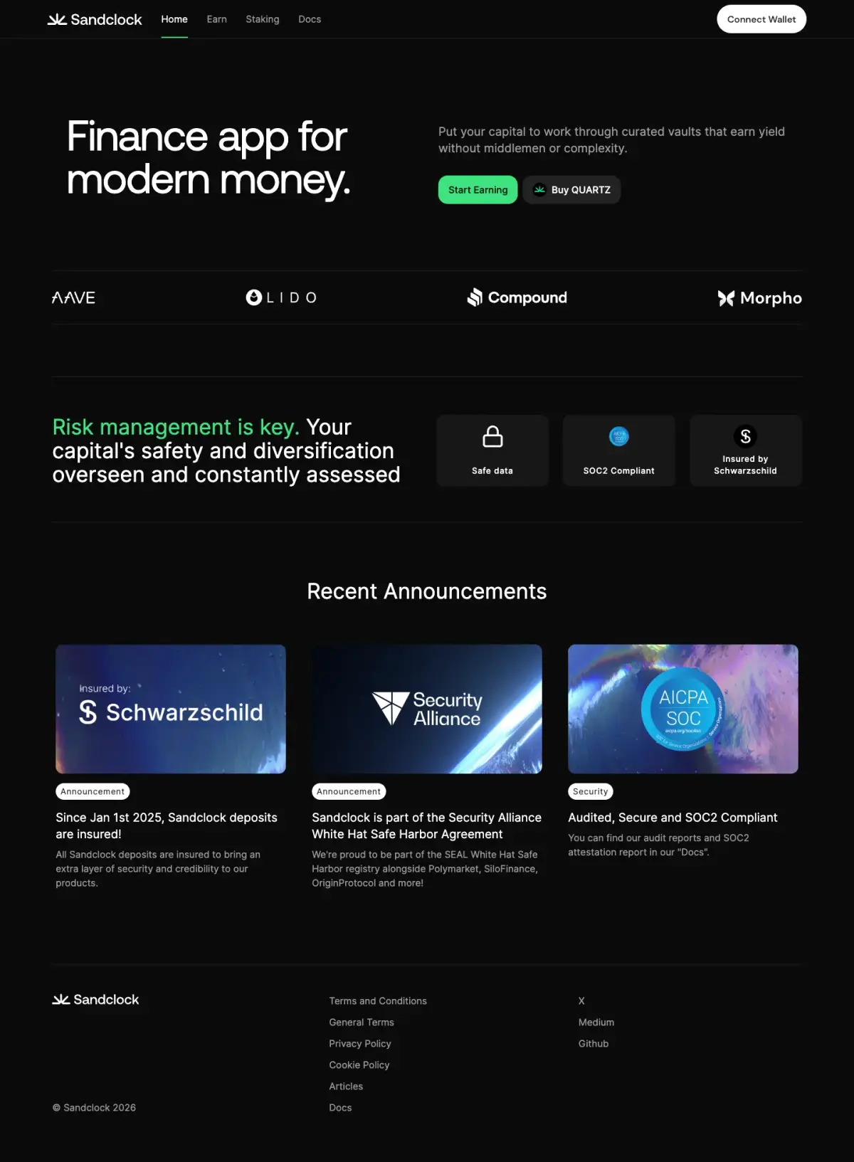 Full-page screenshot of the Sandclock website