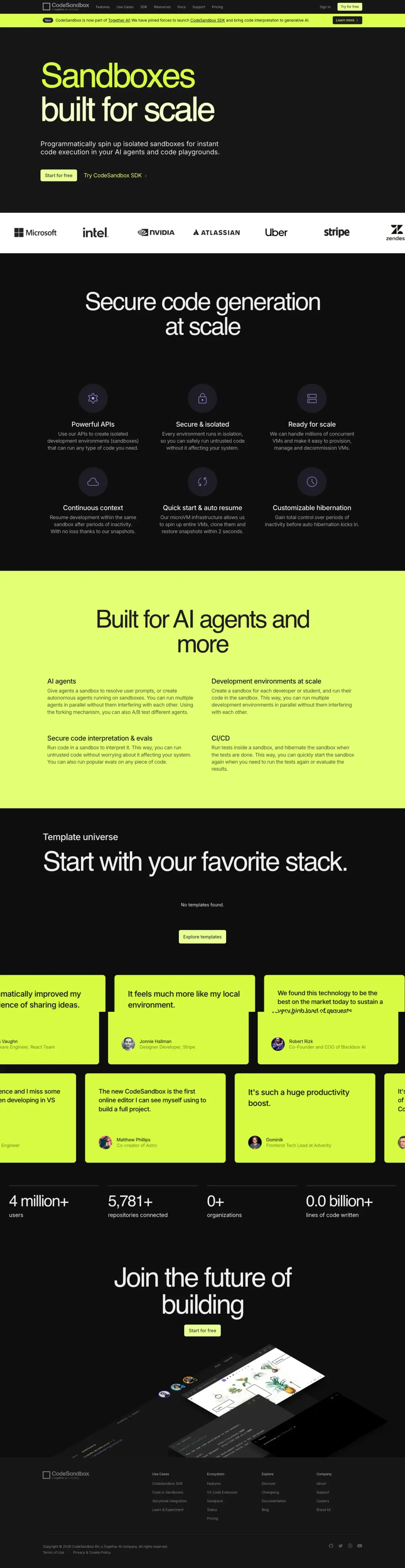 Full-page screenshot of the CodeSandbox website