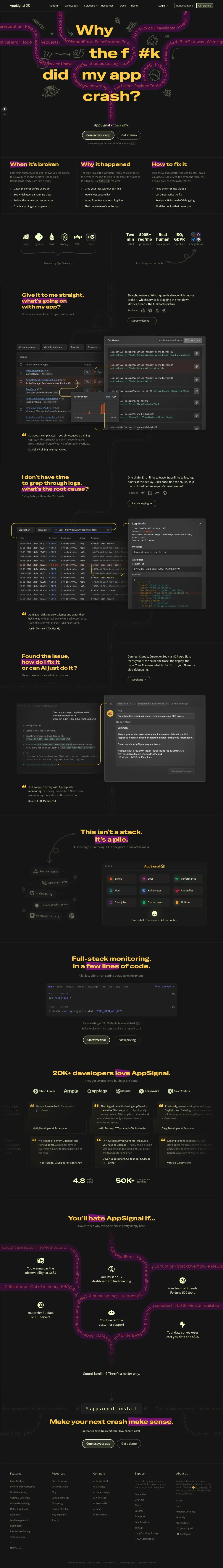 Full-page screenshot of the AppSignal website