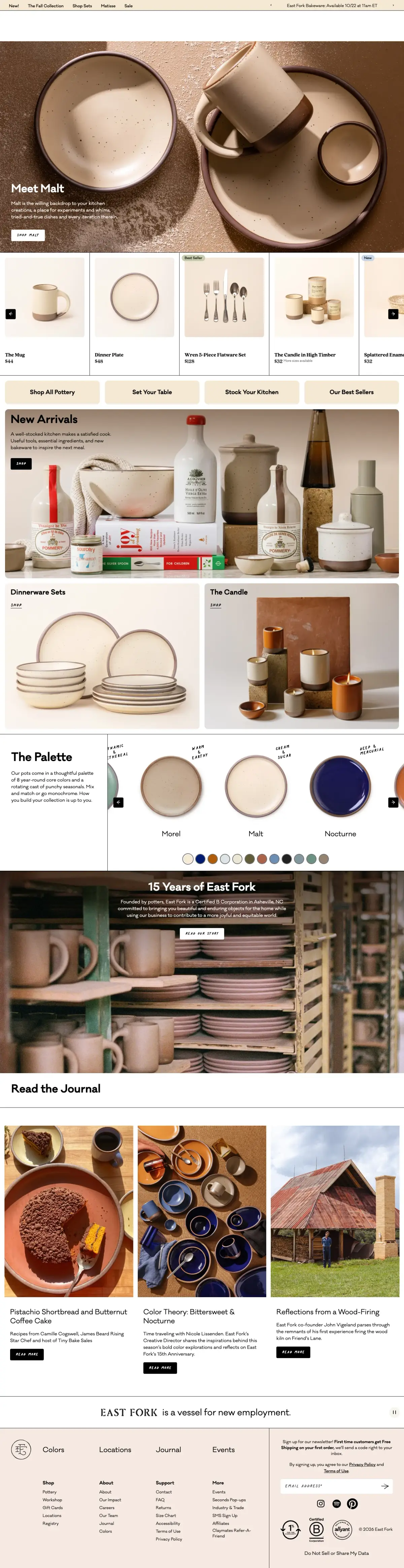 Full-page screenshot of the East Fork Pottery website
