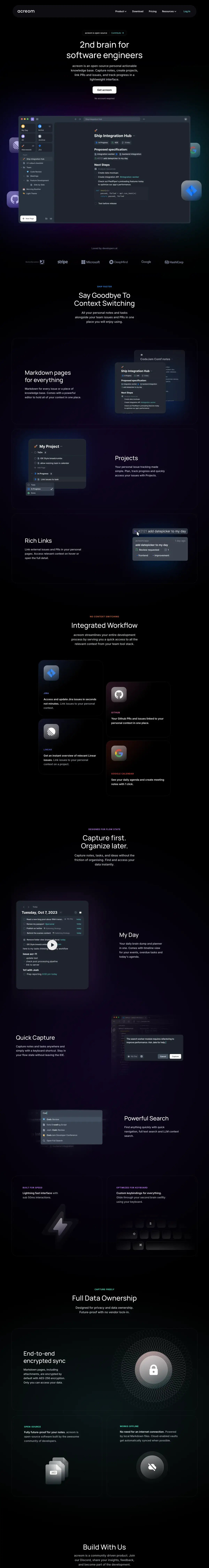 Full-page screenshot of the acreom website