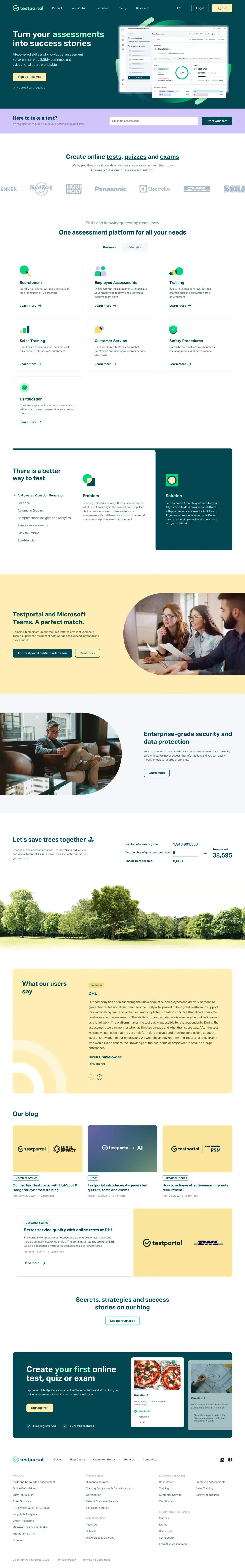 Full-page screenshot of the Testportal website