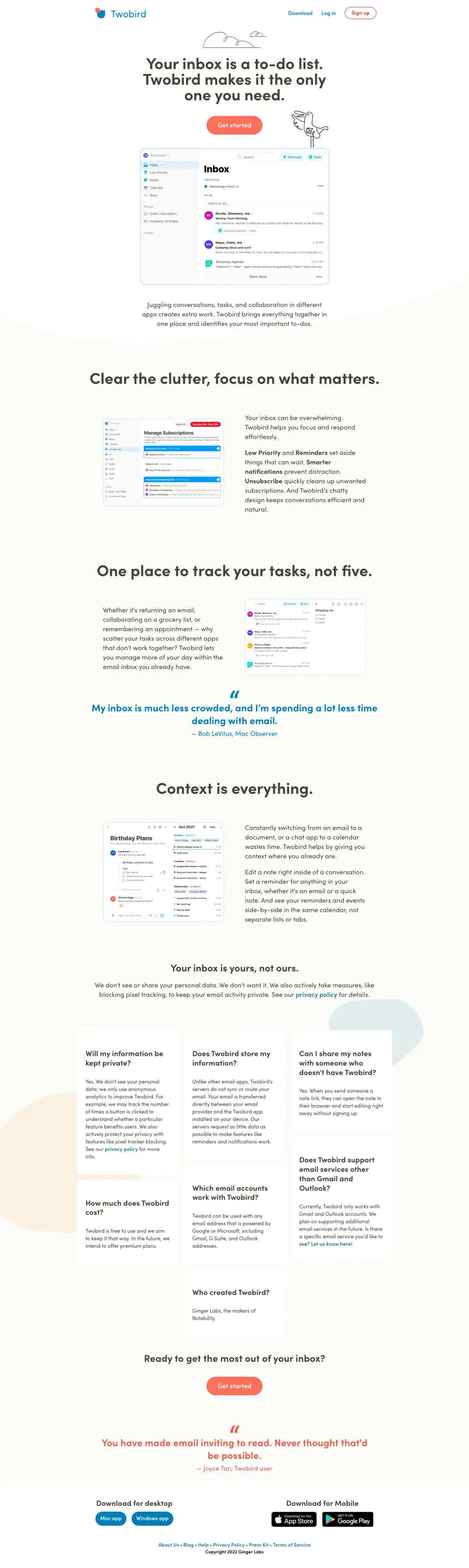Full-page screenshot of the Twobird website