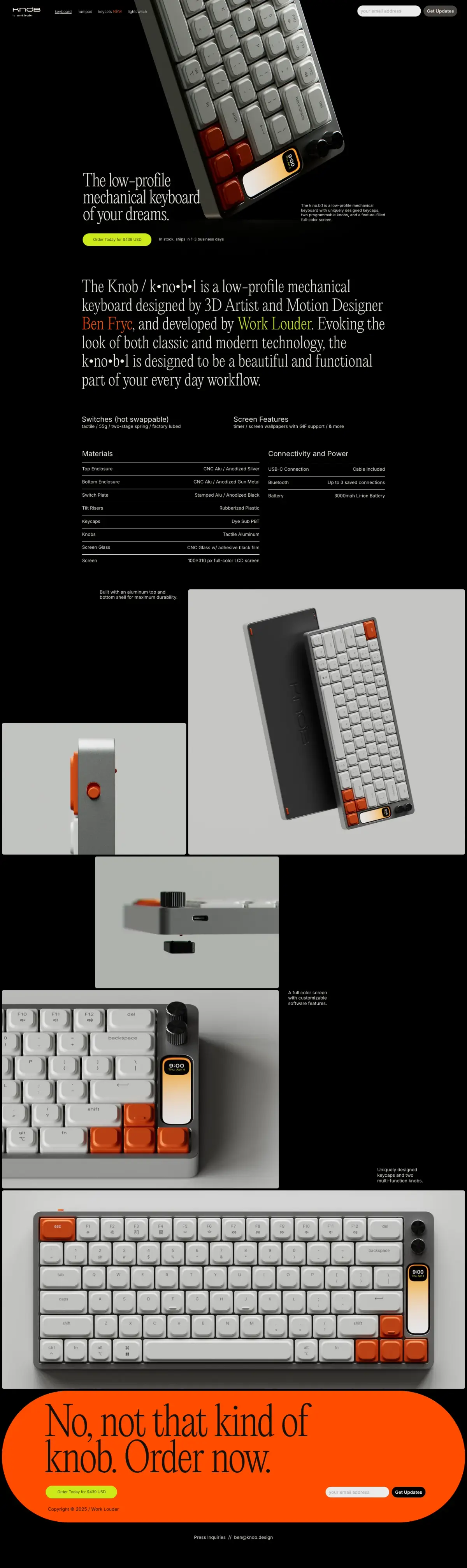 Full-page screenshot of the KNOB website