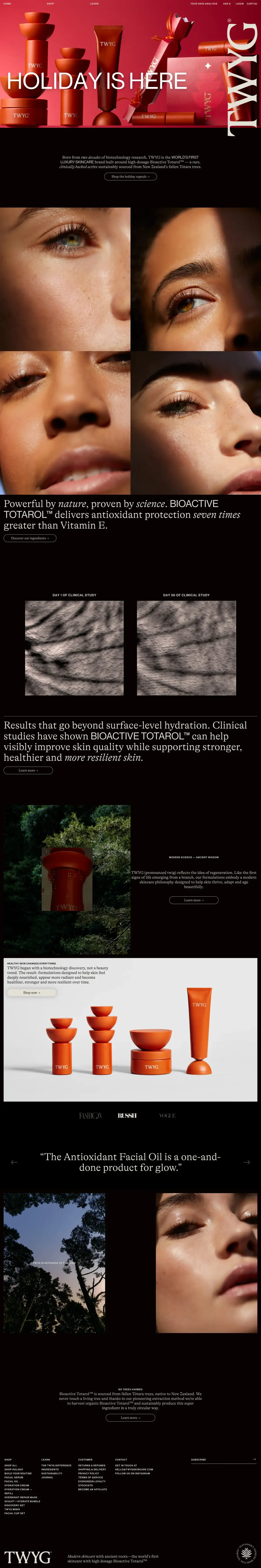 Full-page screenshot of the TWYG Skincare website
