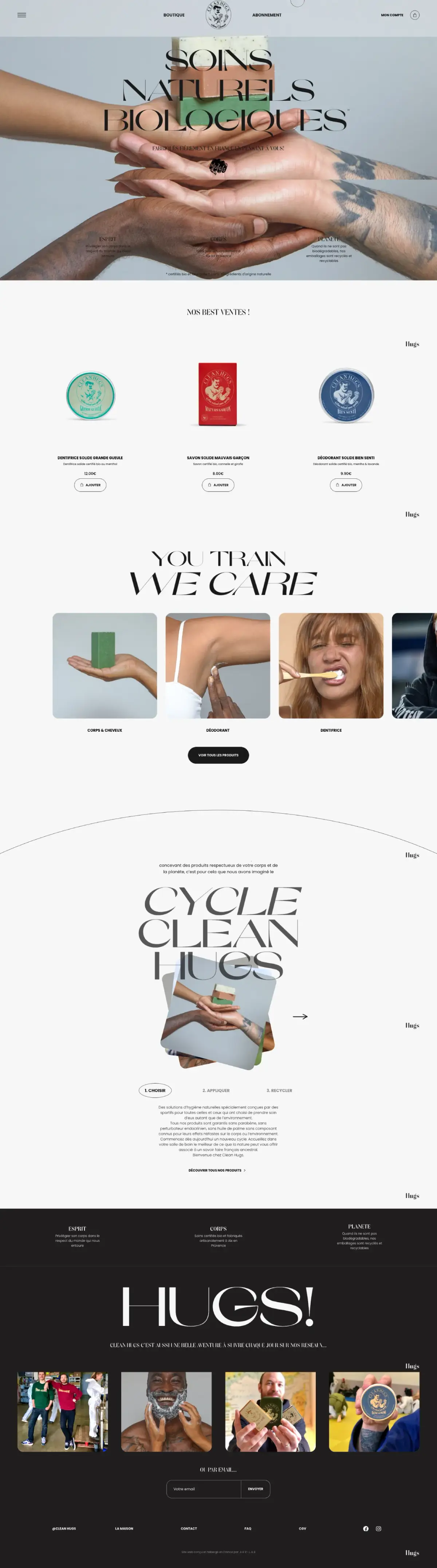Full-page screenshot of the Clean Hugs website