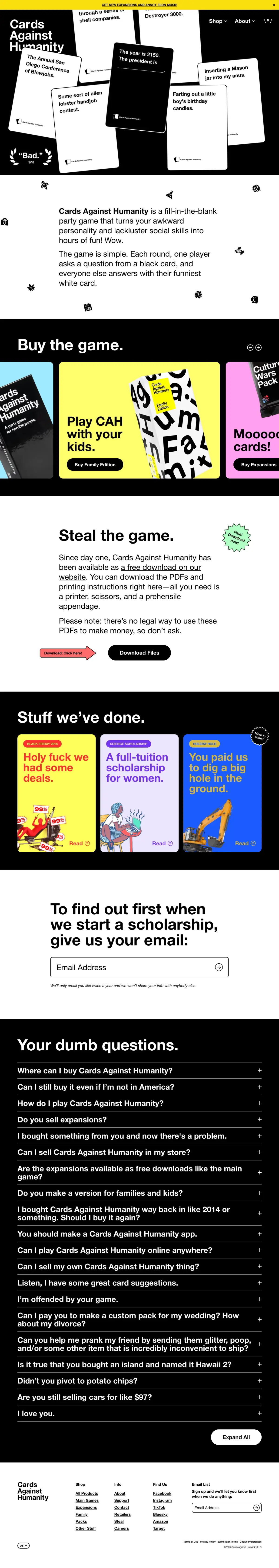 Full-page screenshot of the Cards Against Humanity website