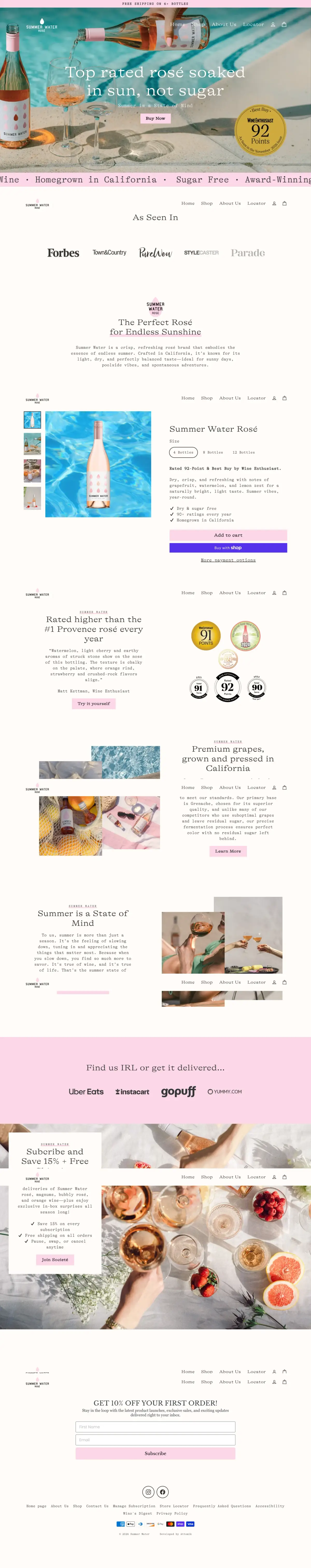Full-page screenshot of the Summer Water website